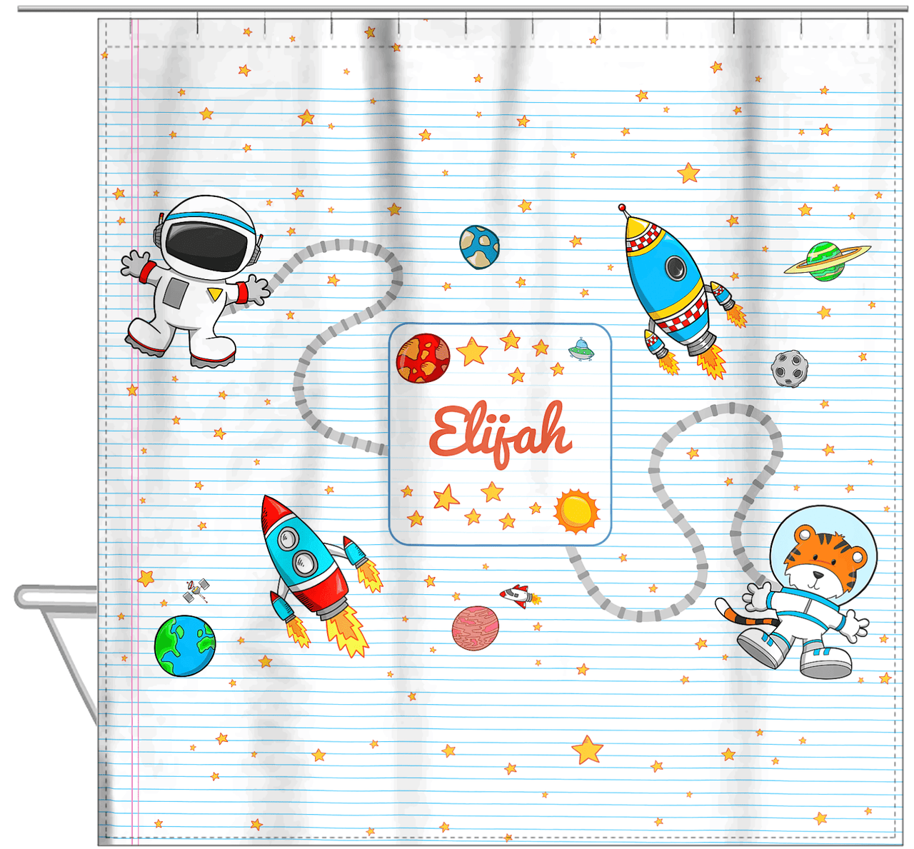 Personalized Rocket Ship Shower Curtain I - Star Tiger - White Background - Hanging View