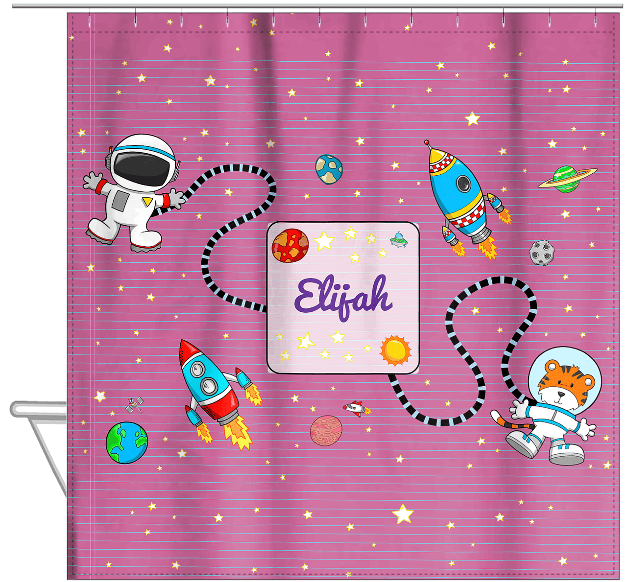 Personalized Rocket Ship Shower Curtain I - Star Tiger - Pink Background - Hanging View