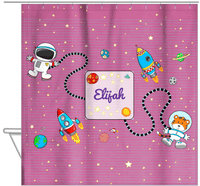 Thumbnail for Personalized Rocket Ship Shower Curtain I - Star Tiger - Pink Background - Hanging View