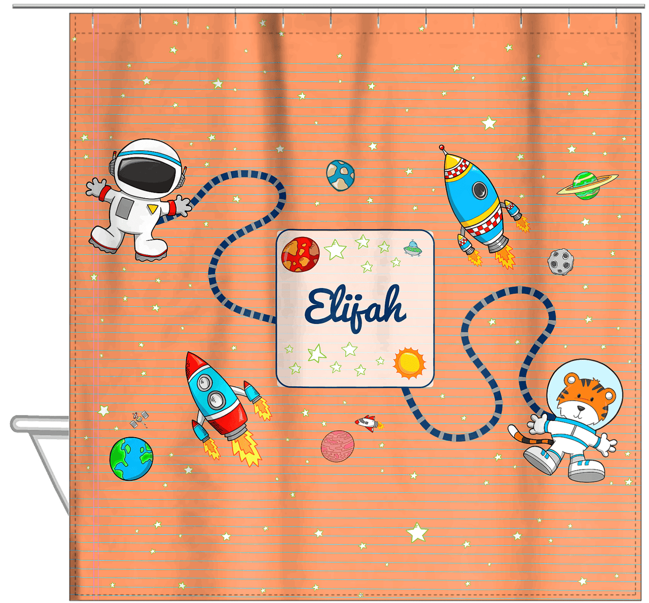 Personalized Rocket Ship Shower Curtain I - Star Tiger - Orange Background - Hanging View