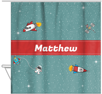 Thumbnail for Personalized Rocket Ship Shower Curtain II - Galaxy Center - Ribbon Nameplate - Hanging View