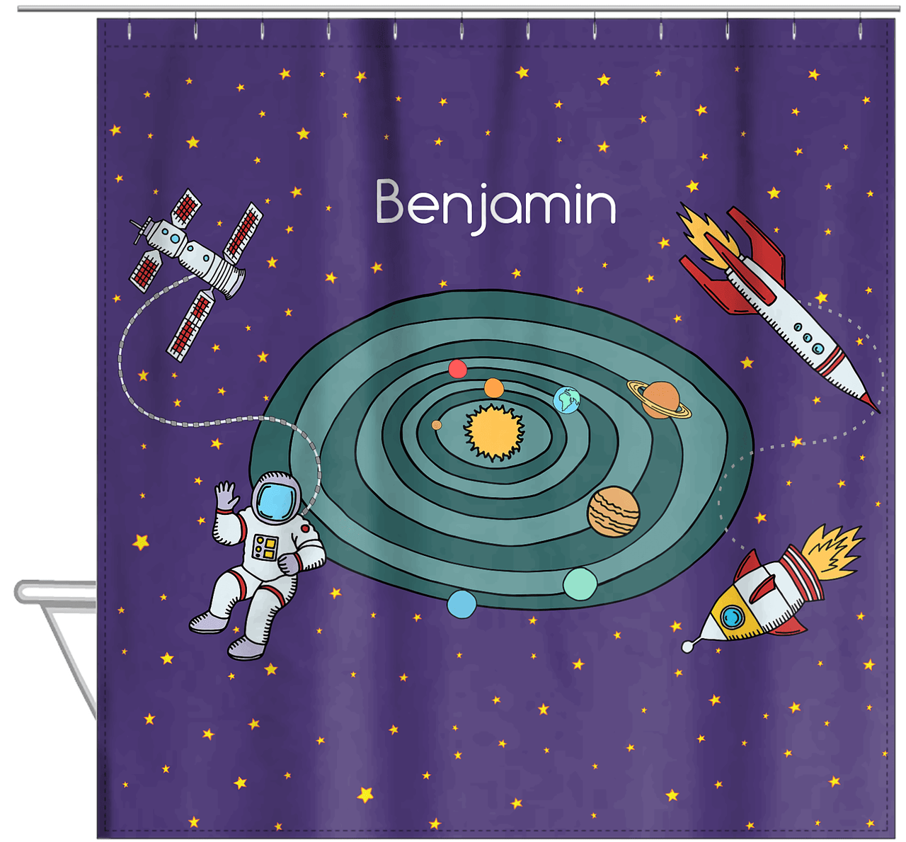 Personalized Rocket Ship Shower Curtain IV - Galaxy Rings - Purple Background - Hanging View