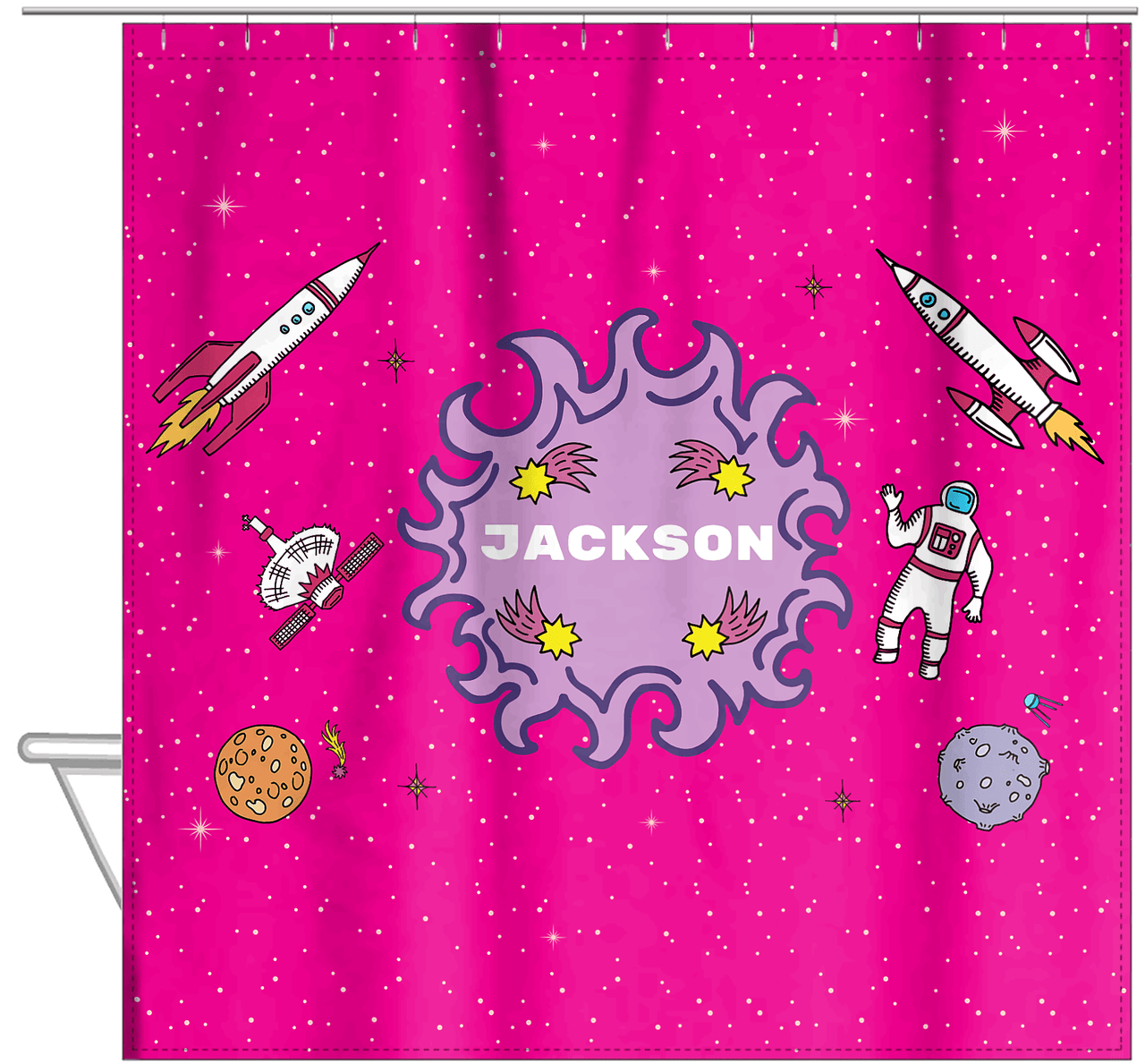 Personalized Rocket Ship Shower Curtain V - Fireball Galaxy - Pink Background - Hanging View