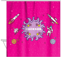 Thumbnail for Personalized Rocket Ship Shower Curtain V - Fireball Galaxy - Pink Background - Hanging View