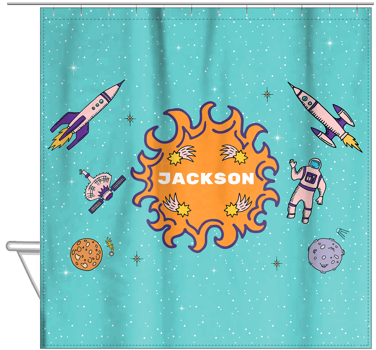 Personalized Rocket Ship Shower Curtain V - Fireball Galaxy - Teal Background - Hanging View