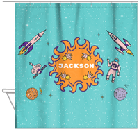 Thumbnail for Personalized Rocket Ship Shower Curtain V - Fireball Galaxy - Teal Background - Hanging View