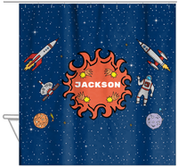 Thumbnail for Personalized Rocket Ship Shower Curtain V - Fireball Galaxy - Blue Background - Hanging View