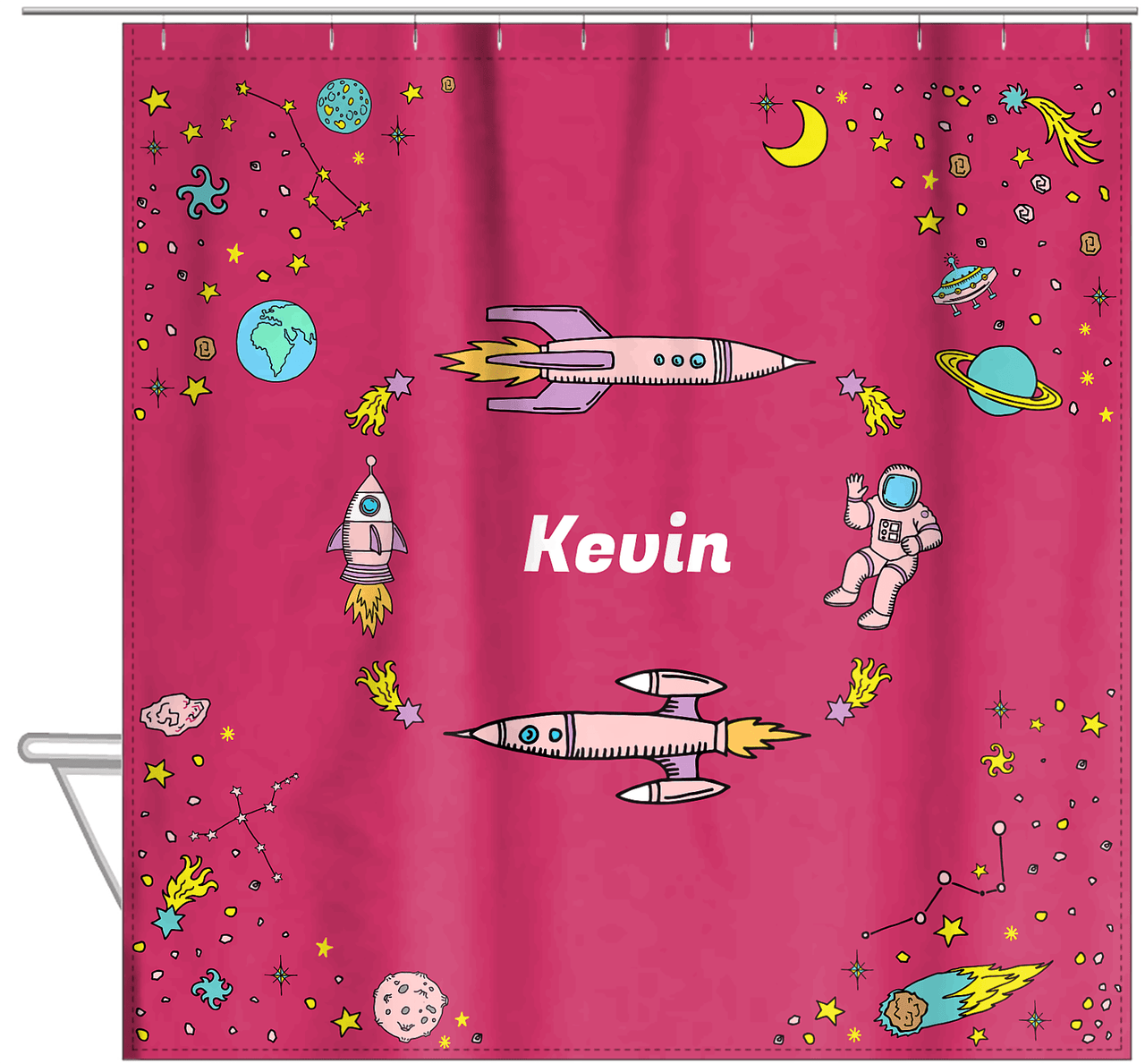 Personalized Rocket Ship Shower Curtain VI - Space Orbit - Red Background - Hanging View