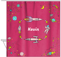 Thumbnail for Personalized Rocket Ship Shower Curtain VI - Space Orbit - Red Background - Hanging View