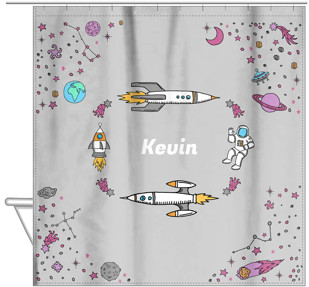 Personalized Rocket Ship Shower Curtain VI - Space Orbit - Grey Background - Hanging View