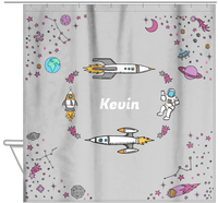 Thumbnail for Personalized Rocket Ship Shower Curtain VI - Space Orbit - Grey Background - Hanging View