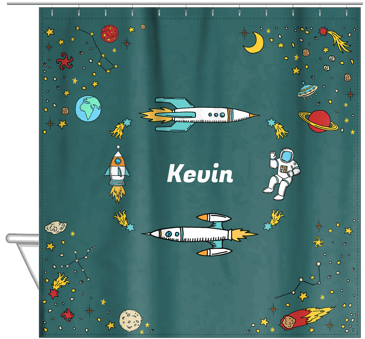 Personalized Rocket Ship Shower Curtain VI - Space Orbit - Teal Background - Hanging View