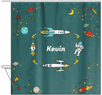 Thumbnail for Personalized Rocket Ship Shower Curtain VI - Space Orbit - Teal Background - Hanging View