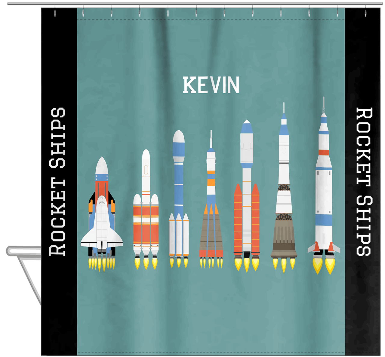 Personalized Rocket Ship Shower Curtain VIII - Teal Background - Hanging View