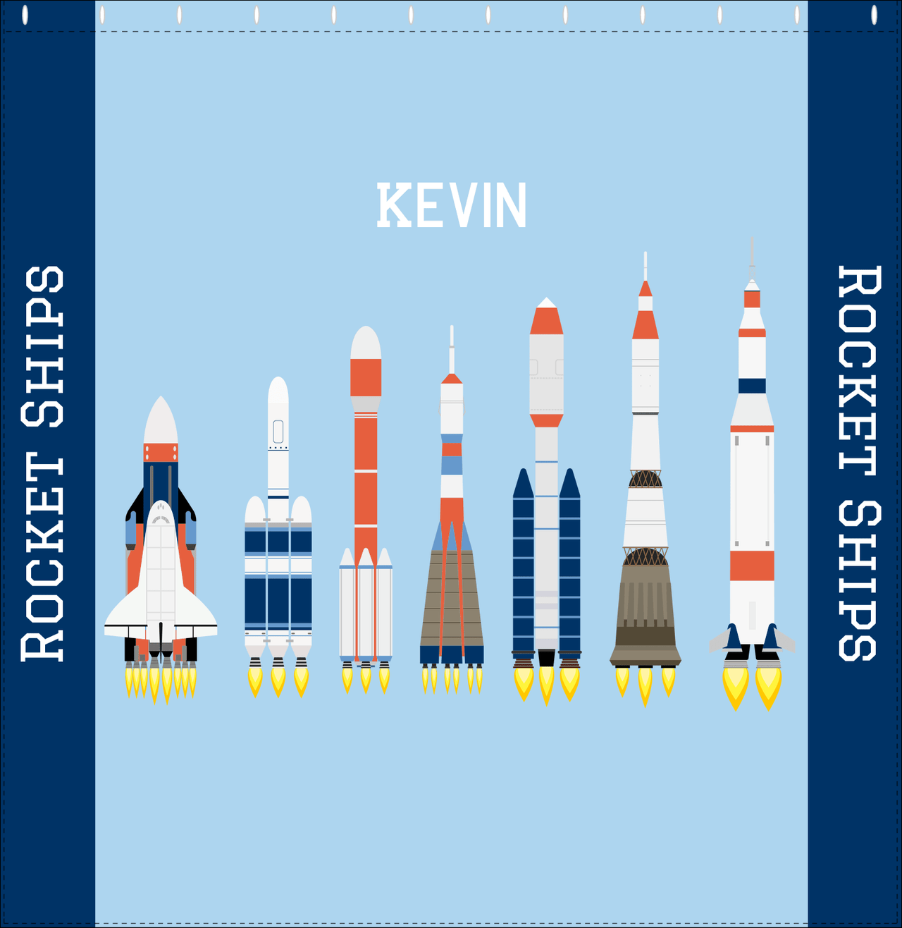 Personalized Rocket Ship Shower Curtain VIII - Blue Background - Decorate View