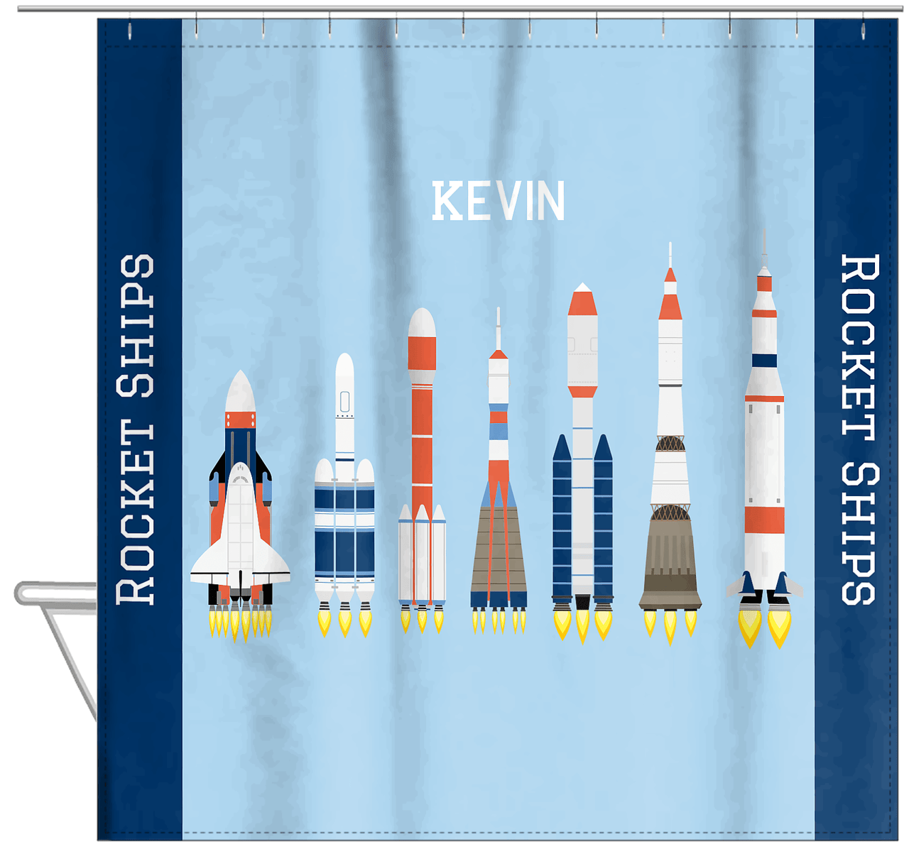 Personalized Rocket Ship Shower Curtain VIII - Blue Background - Hanging View