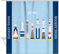 Thumbnail for Personalized Rocket Ship Shower Curtain VIII - Blue Background - Hanging View