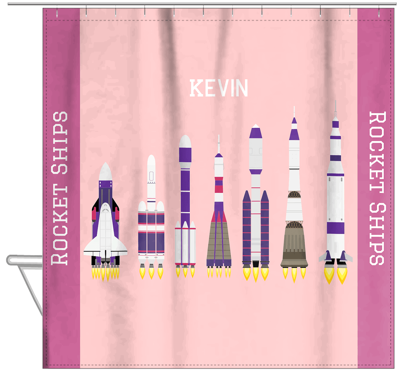Personalized Rocket Ship Shower Curtain VIII - Pink Background - Hanging View