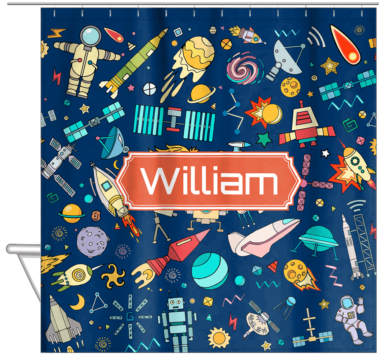 Personalized Rocket Ship Shower Curtain IX - Decorative Rectangle Nameplate - Hanging View