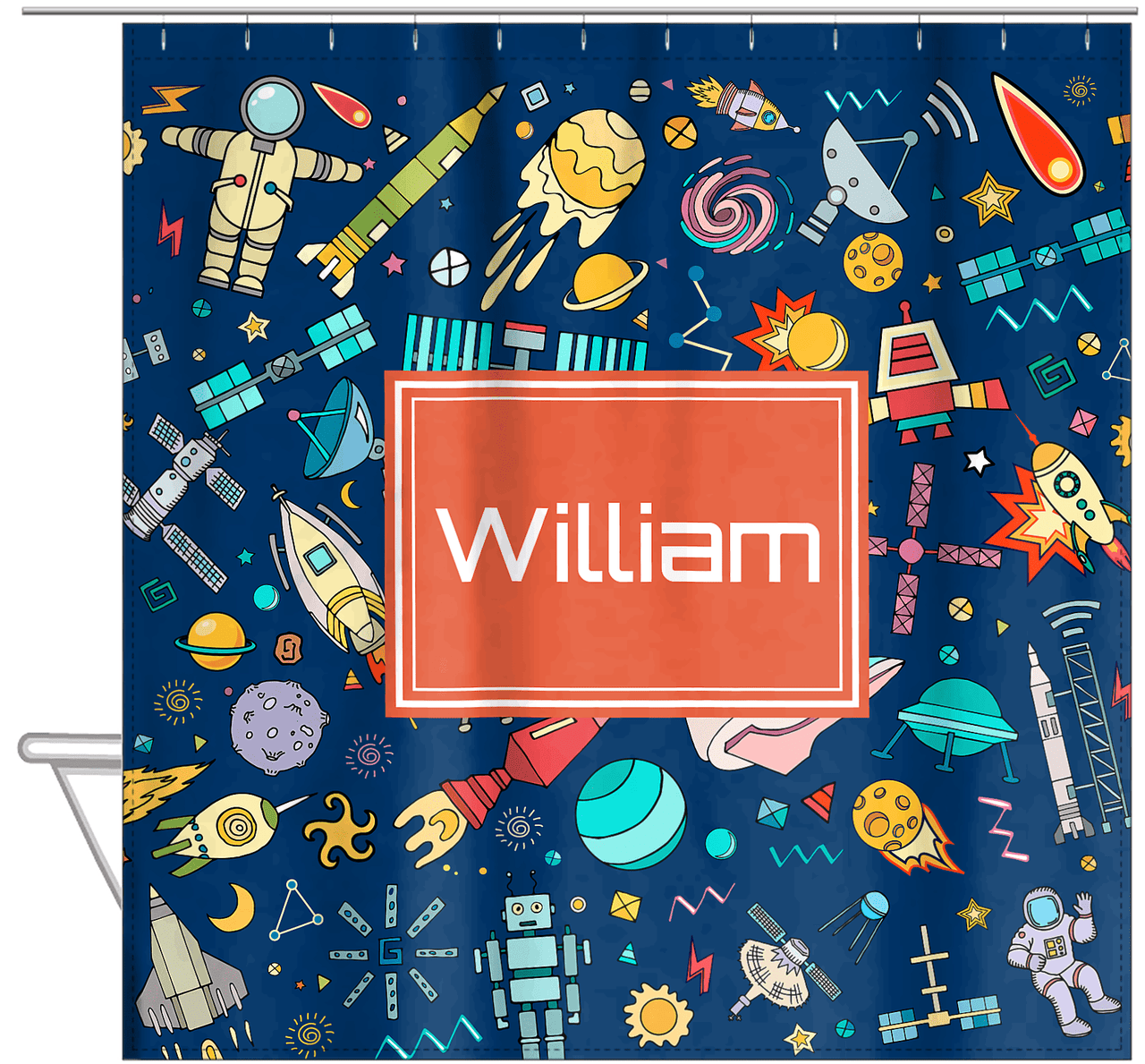 Personalized Rocket Ship Shower Curtain IX - Rectangle Nameplate - Hanging View