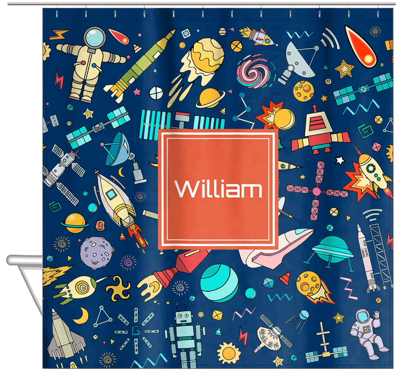 Personalized Rocket Ship Shower Curtain IX - Square Nameplate - Hanging View