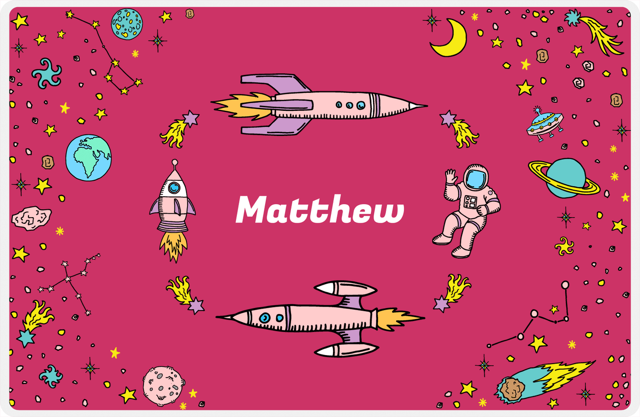 Personalized Rocket Ship Placemat VI - Space Orbit - Pink Background -  View