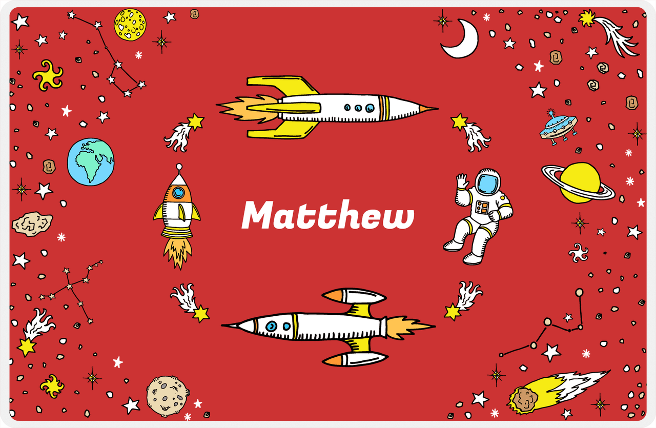 Personalized Rocket Ship Placemat VI - Space Orbit - Red Background -  View