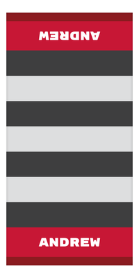 Thumbnail for Personalized Rugby Stripes Beach Towel I - Red and Grey - Text Top and Bottom - Front View