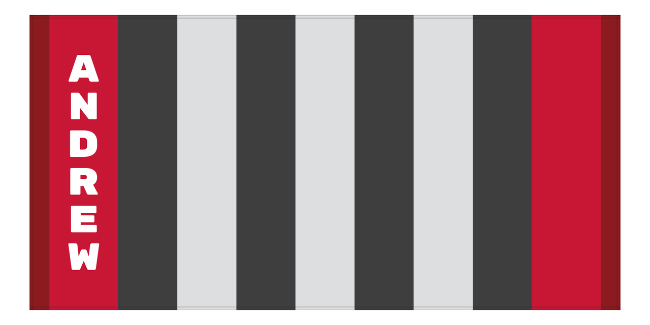 Personalized Rugby Stripes Beach Towel I - Horizontal - Red and Grey - Text Left - Front View