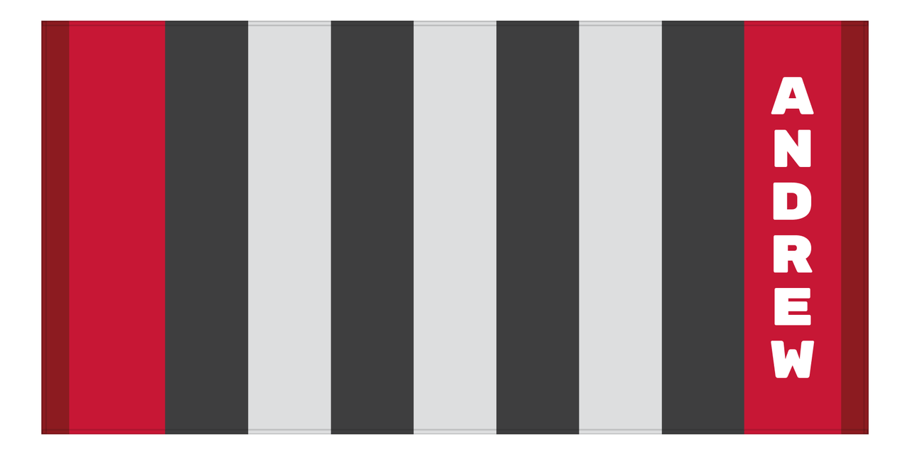 Personalized Rugby Stripes Beach Towel I - Horizontal - Red and Grey - Text Right - Front View