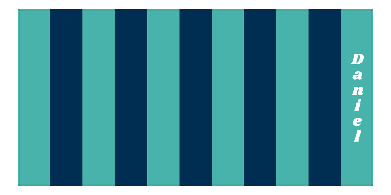 Personalized Rugby Stripes Beach Towel IV - Horizontal - Blue and Teal - Text Right - Front View
