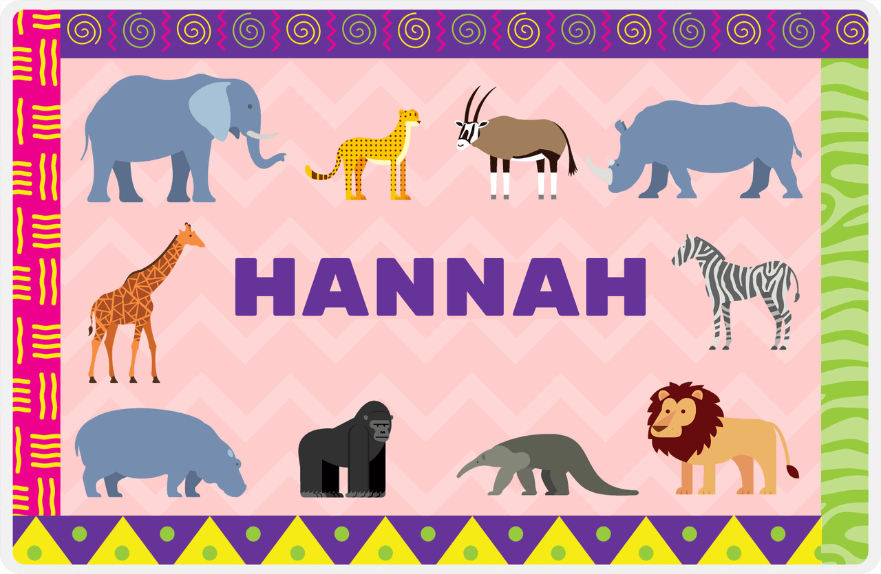 Personalized Safari / Zoo Placemat XIV - Border Patterns - Pink Background -  View