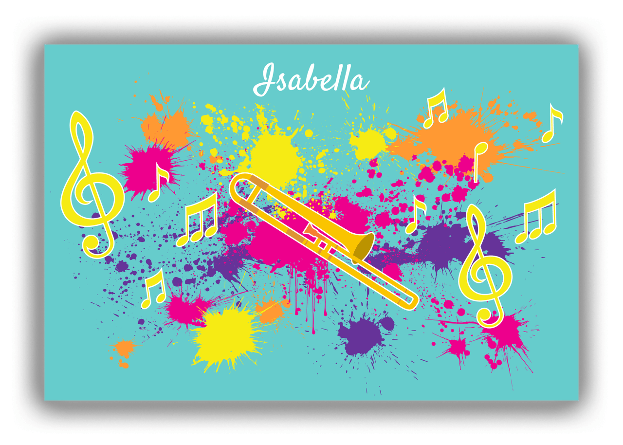 Personalized School Band Canvas Wrap & Photo Print XIII - Teal Background - Trombone - Front View