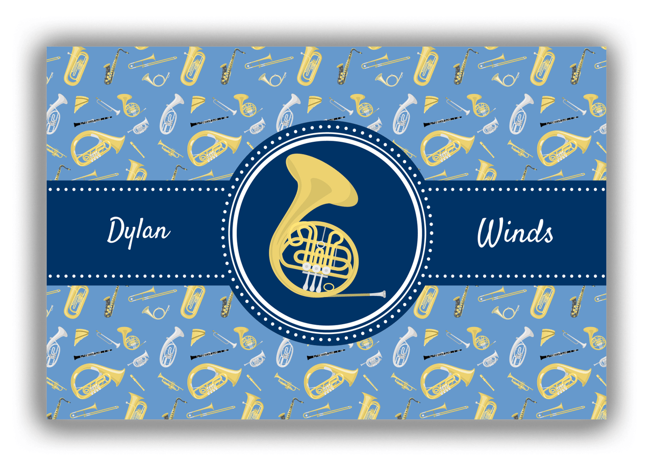 Personalized School Band Canvas Wrap & Photo Print XX - Blue Background - French Horn - Front View