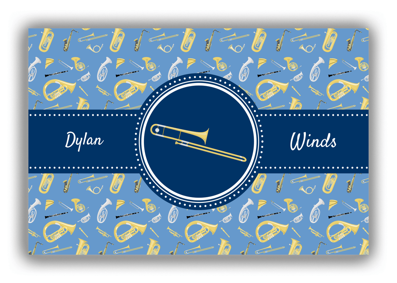 Personalized School Band Canvas Wrap & Photo Print XX - Blue Background - Trombone - Front View