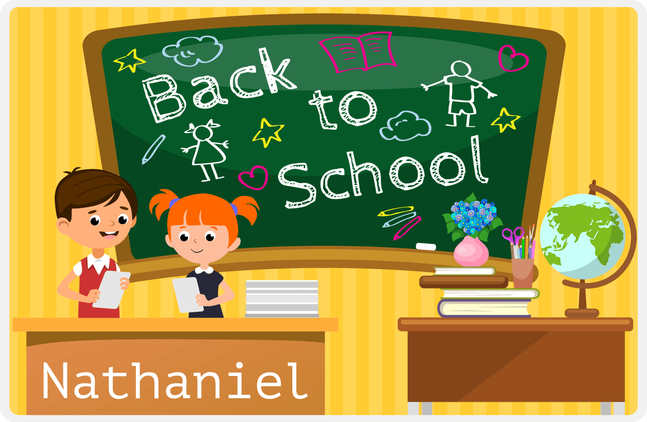 Personalized School Teacher Placemat V - Chalkboard Friends - Brown Hair Boy -  View
