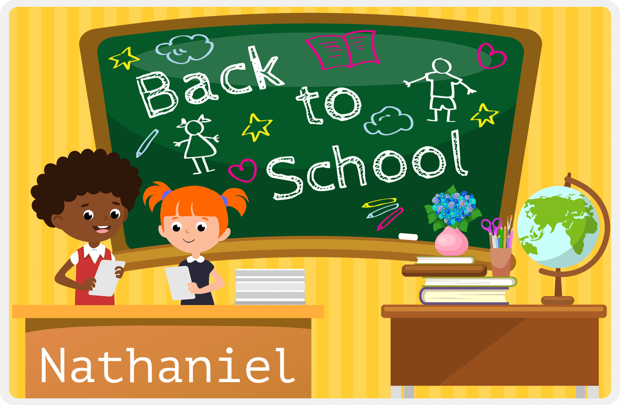 Personalized School Teacher Placemat V - Chalkboard Friends - Black Boy II -  View