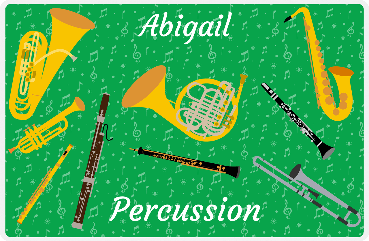 Personalized School Band Placemat X - Wind Instruments - Green Background -  View