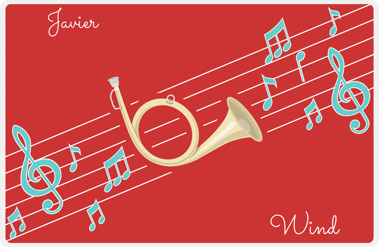 Personalized School Band Placemat XIX - Red Background - Natural French Horn -  View