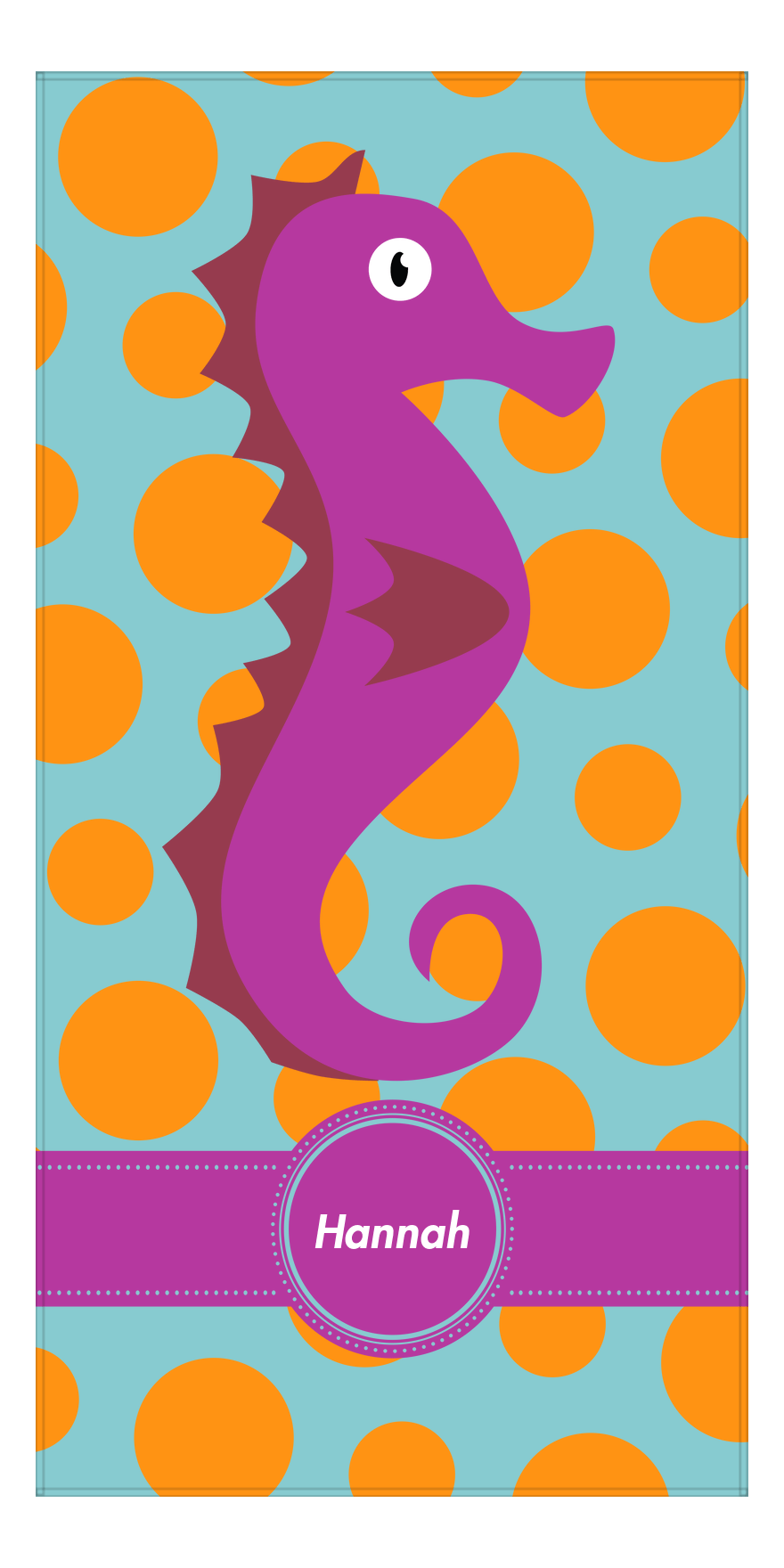 Personalized Seahorse Beach Towel with Polka Dots - Circle Ribbon Nameplate - Front View