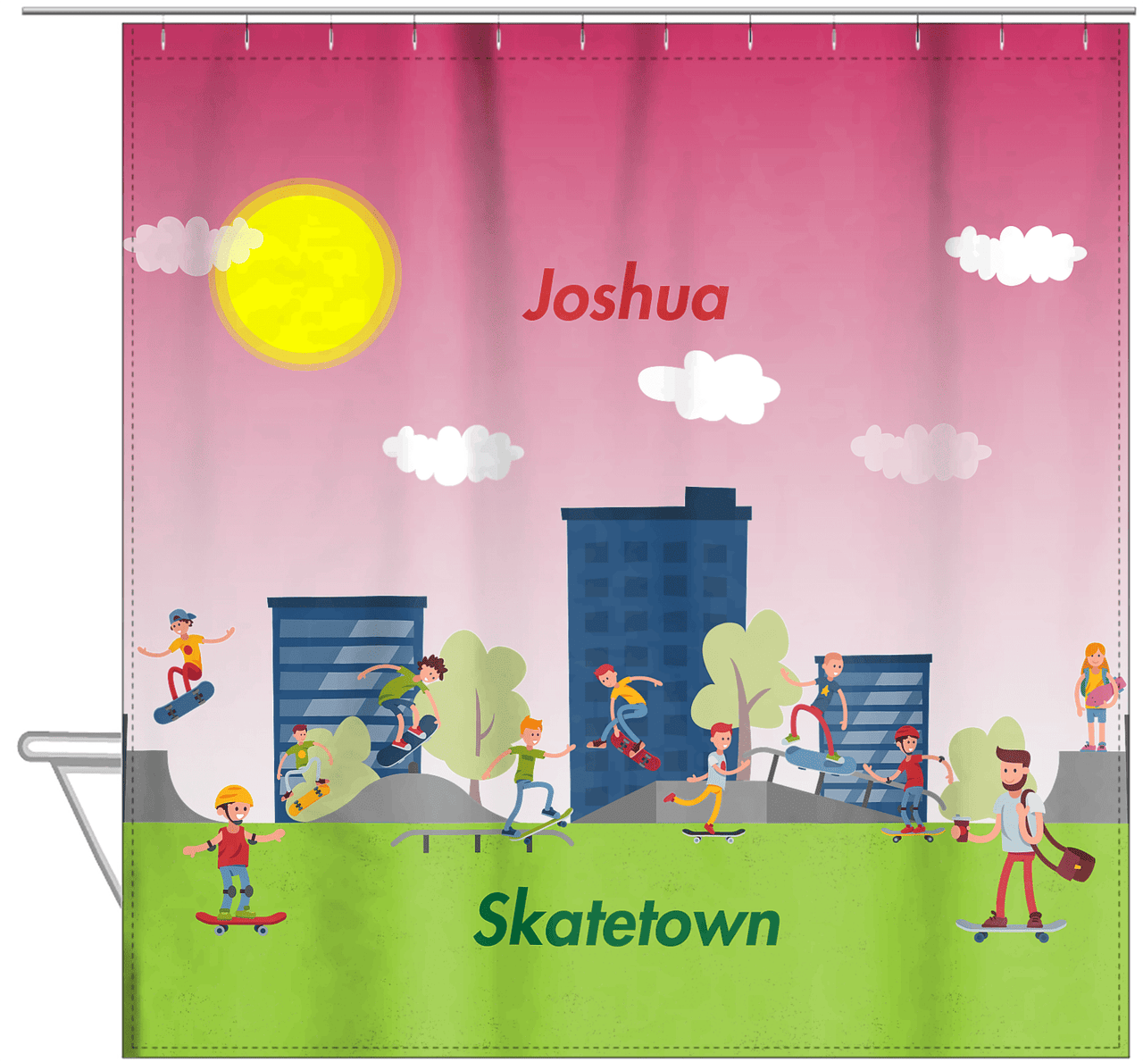 Personalized Skateboarding Shower Curtain I - Red Background - Hanging View