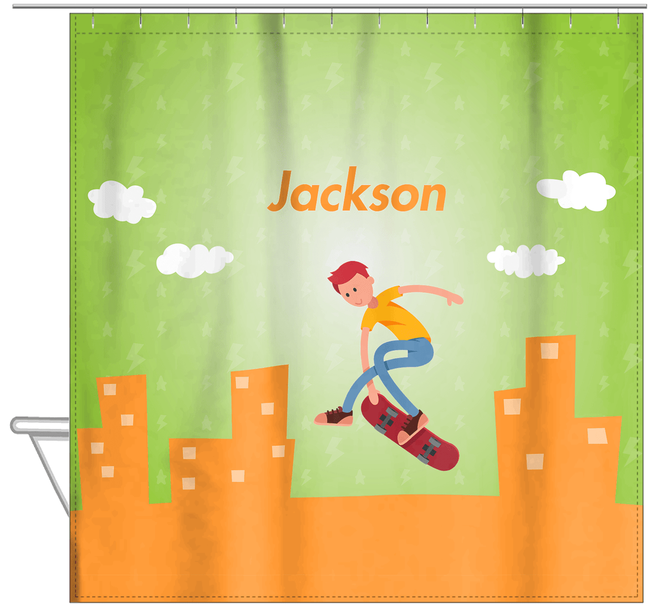 Personalized Skateboarding Shower Curtain II - Redhead Boy - Hanging View