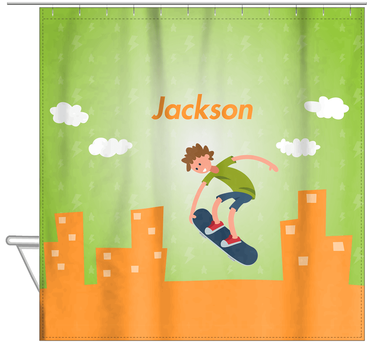 Personalized Skateboarding Shower Curtain II - Brown Hair Boy - Hanging View