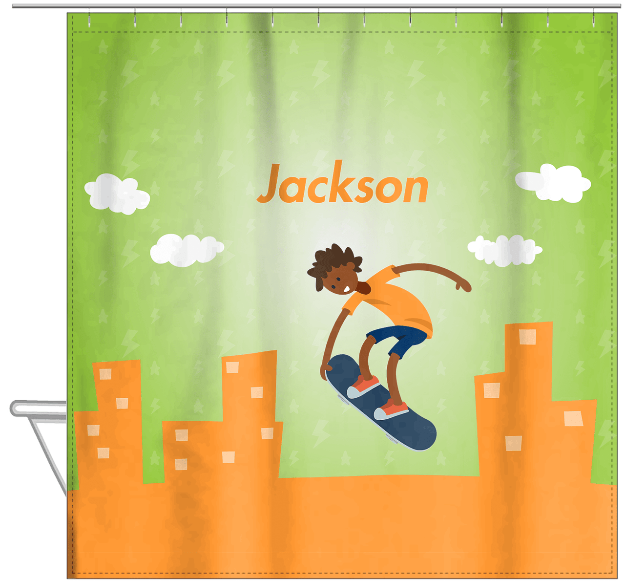 Personalized Skateboarding Shower Curtain II - Black Boy I - Hanging View