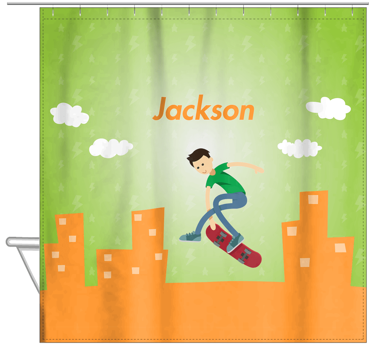 Personalized Skateboarding Shower Curtain II - Asian Boy - Hanging View