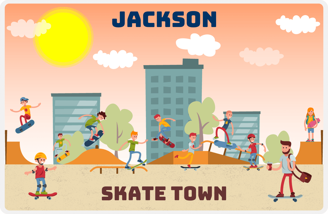 Personalized Skateboarding Placemat I - Skate Town - Orange Background -  View