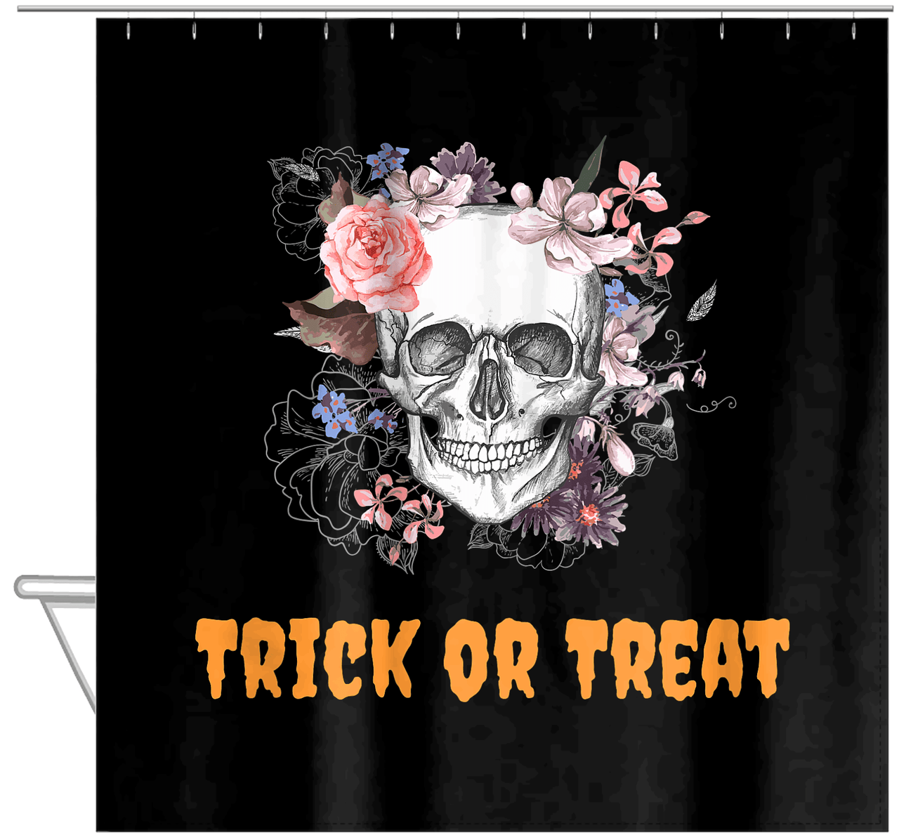 Personalized Skull and Flowers Shower Curtain - Black Background - Text Below Skull - Hanging View