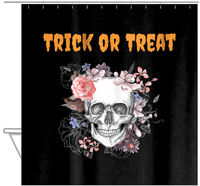 Thumbnail for Personalized Skull and Flowers Shower Curtain - Black Background - Text Above Skull - Hanging View