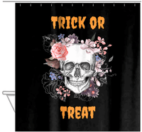 Thumbnail for Personalized Skull and Flowers Shower Curtain - Black Background - Text Above and Below Skull - Hanging View