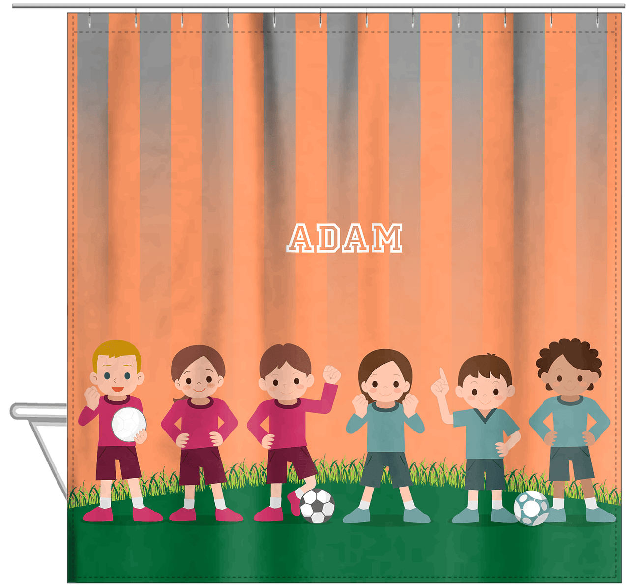 Personalized Soccer Shower Curtain I - Orange Background - Hanging View